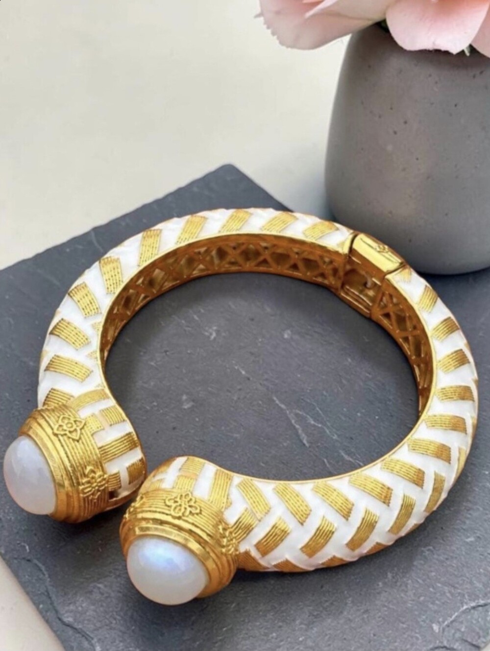 22k Gold Plated Artisan Chunky White Enamel Flash Moonstone Clamper Bracelet